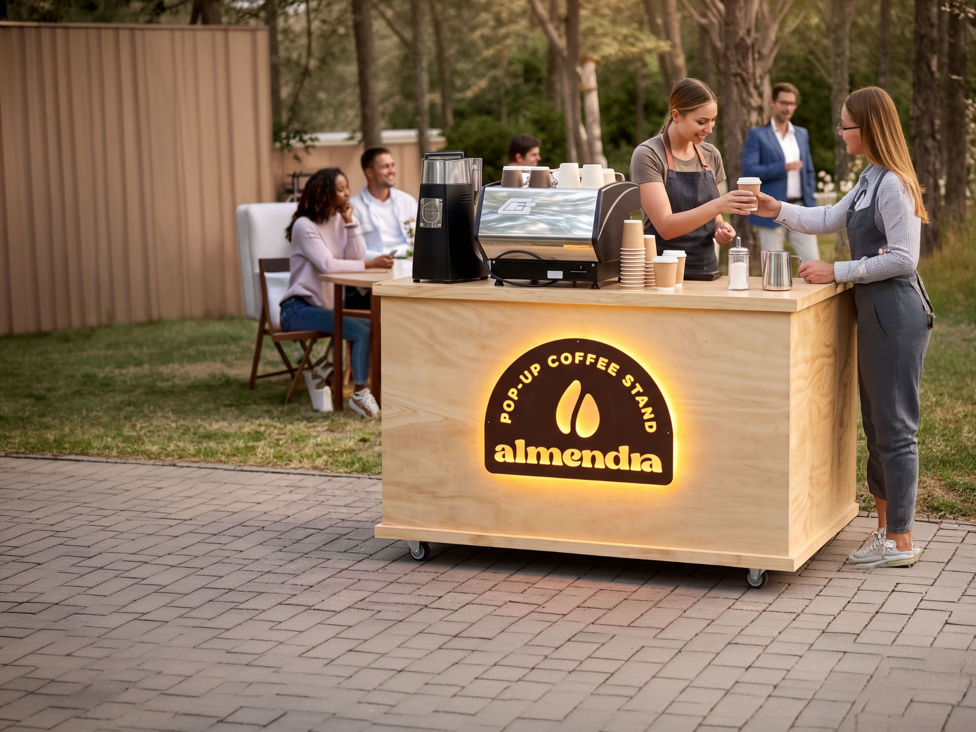 Almendra Coffee pop-up cart in daylight, baristas serving coffee behind a light wooden stand with an illuminated POP-UP COFFEE STAND almendra sign